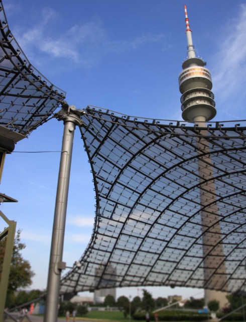 View from the entrance of Munich's Olympic Hall to the Olympic Tower
